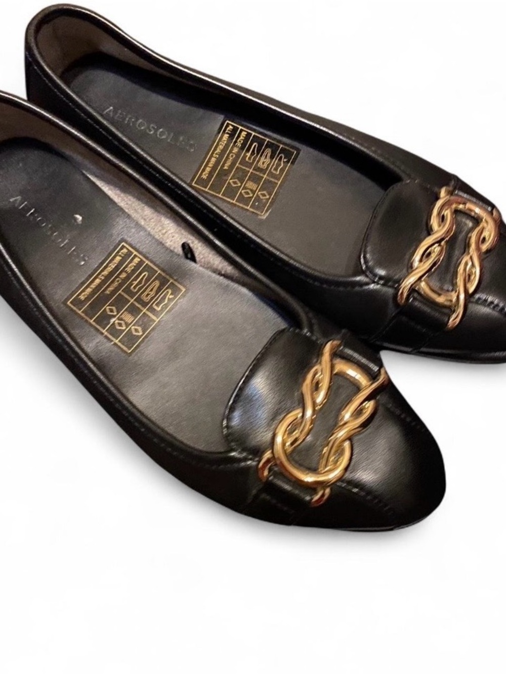 AEROSOLES Black Leather Flats with Gold Chain Trim